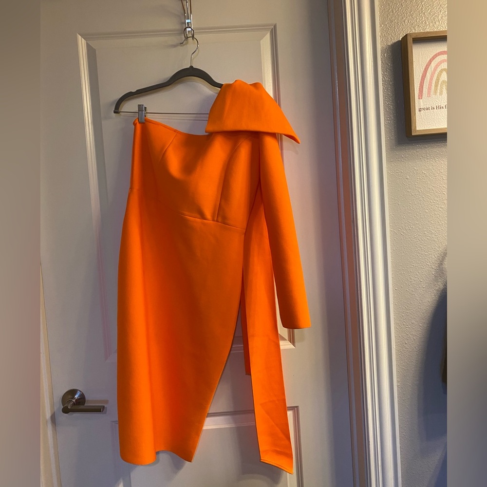 Orange, one sleeve dress with bow detail